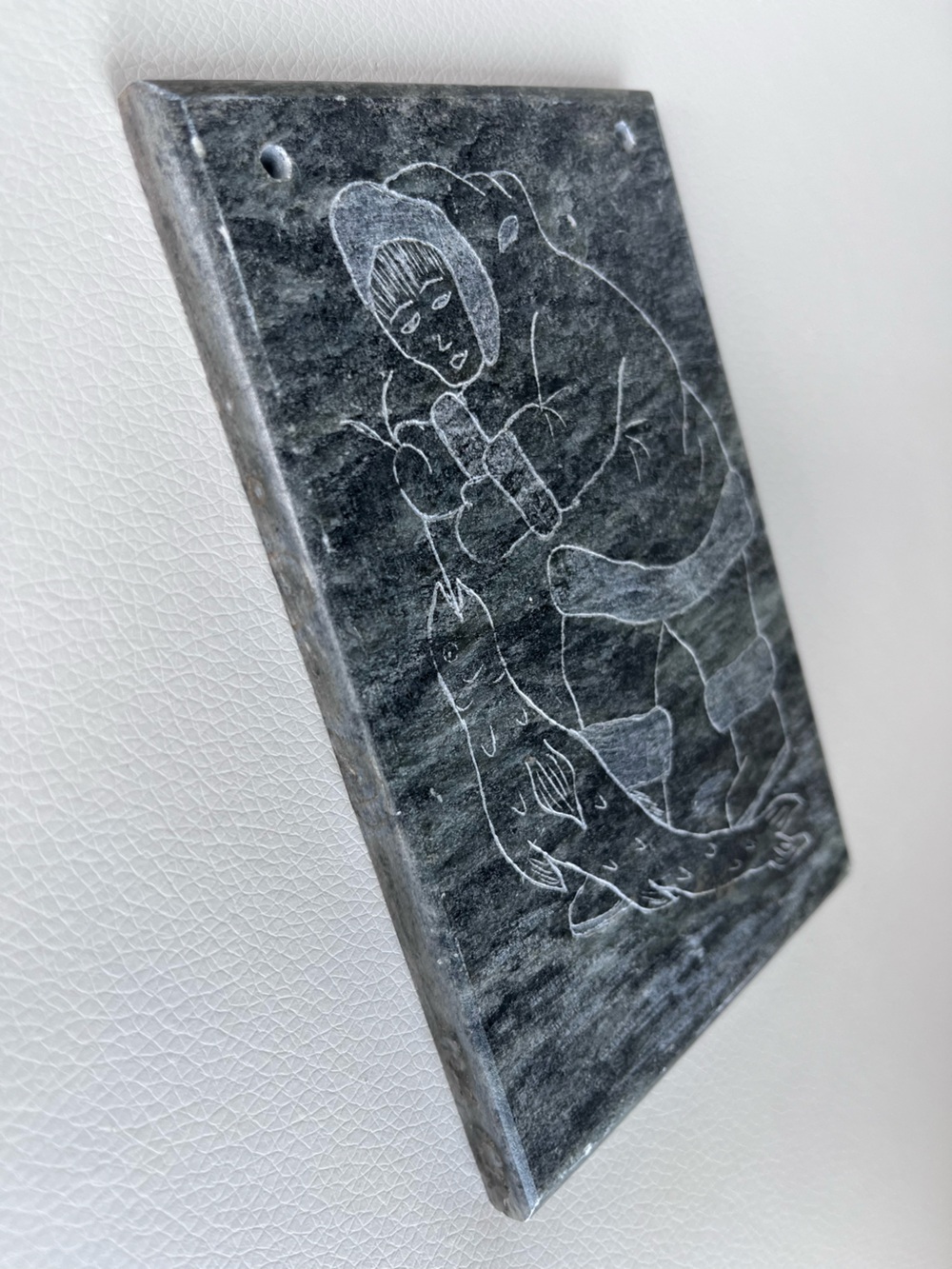 Vintage Rare Inuit Soapstone Wall Plaque- Hunter & Seal Etching Made in Canada